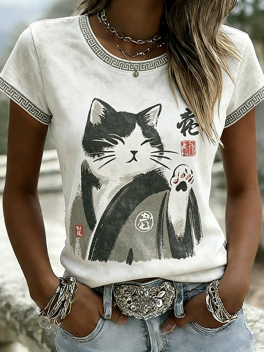 Cardydony Vintage Japanese Cat Art Pattern Washed T Shirt