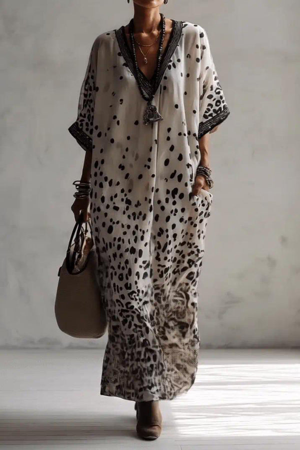 Cardydony Women's  Unique Print V-Neck Half Sleeve Loose Casual Maxi Dress