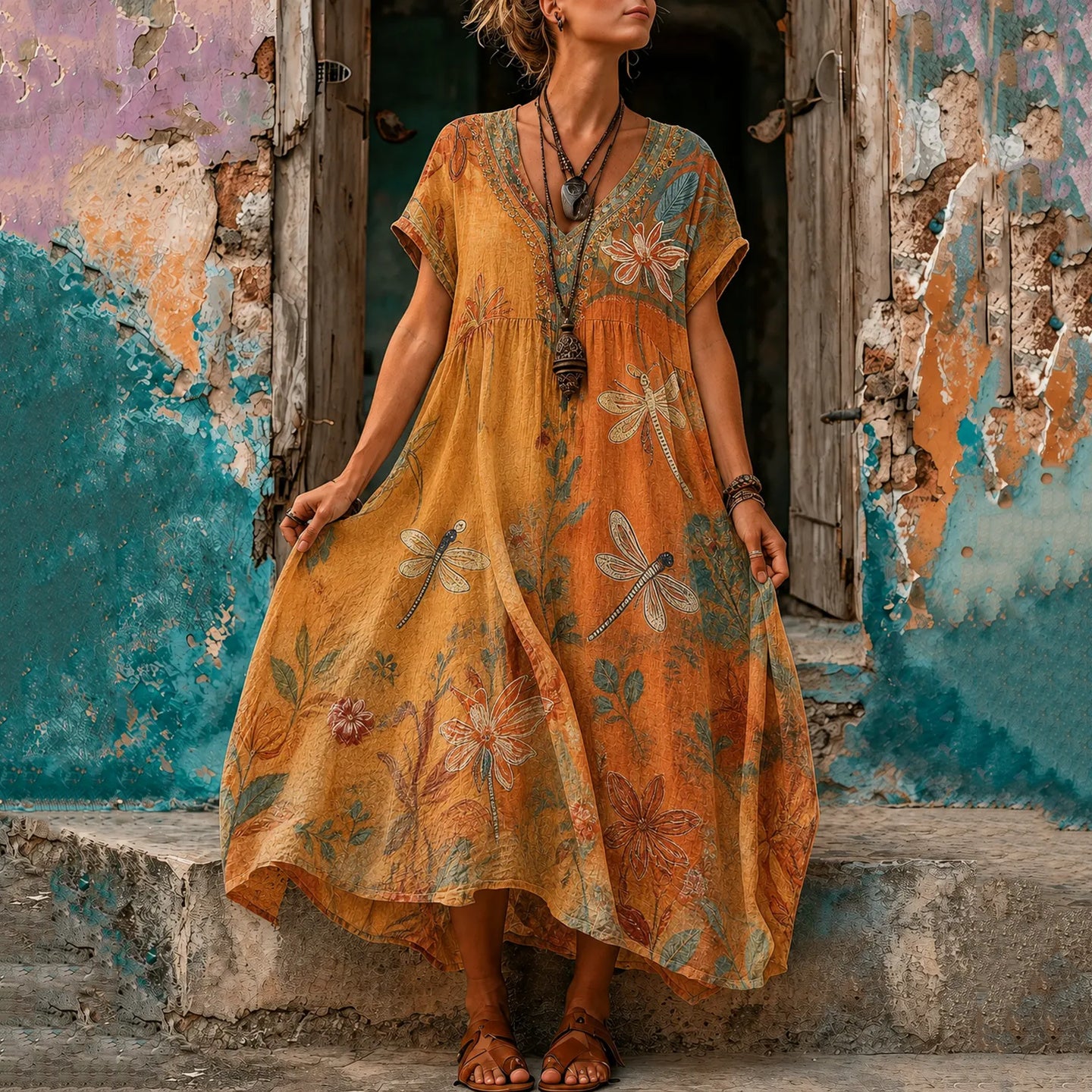 Cardydony Women's Retro Hippie Floral And Dragonfly Pattern Art Embroidered Linen Blend Maxi Dress