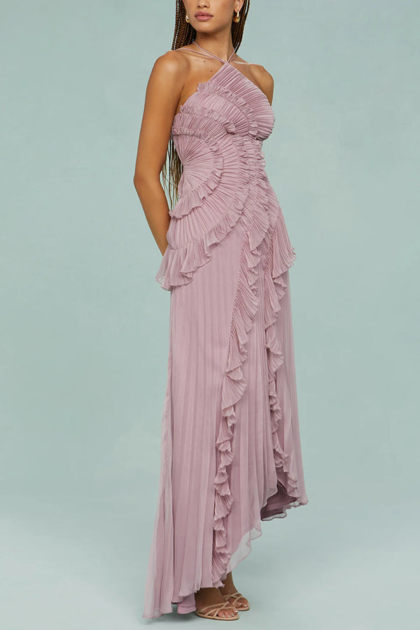 Cardydony Women's Dream Ode Lily Pad Style Pleats and Ruffles Halter Gown Maxi Dress