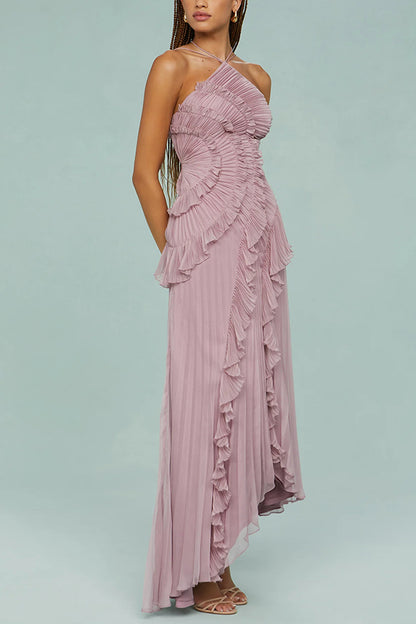Cardydony Women's Dream Ode Lily Pad Style Pleats and Ruffles Halter Gown Maxi Dress