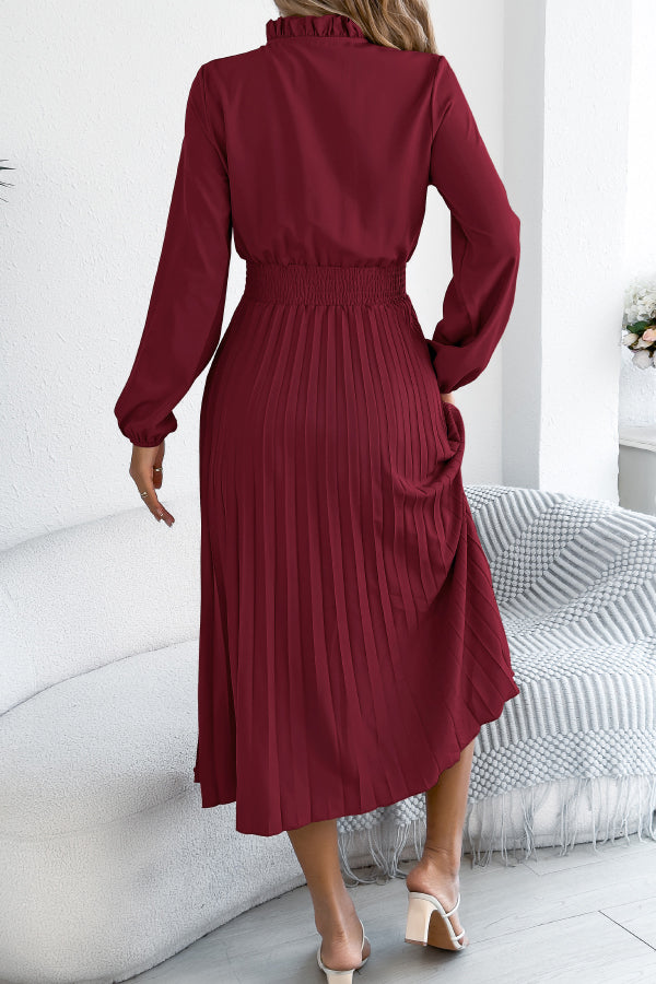 Cardydony Women's Solid Color Long-sleeved Fitted Waist Pleated Elegant Midi Dress