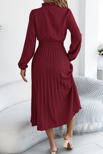 Cardydony Women's Solid Color Long-sleeved Fitted Waist Pleated Elegant Midi Dress