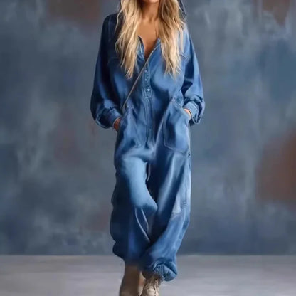 Cardydony Women's Solid Color Denim Pocket Comfortable Jumpsuit