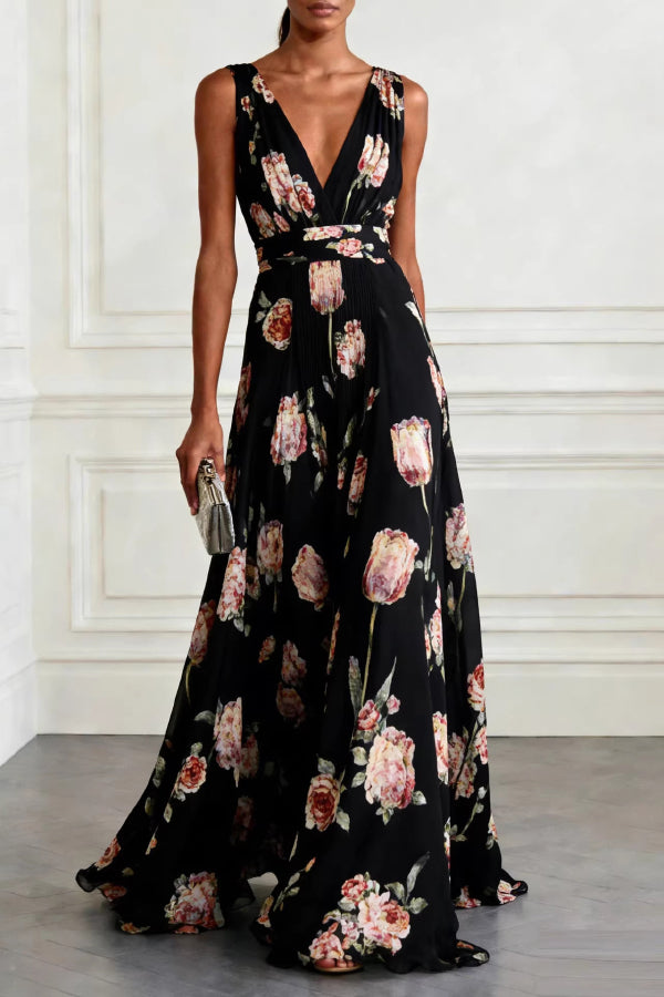 Cardydony Women's  Tulip Print V-Neck Sleeveless Elegant Waist-Defining Maxi Dress