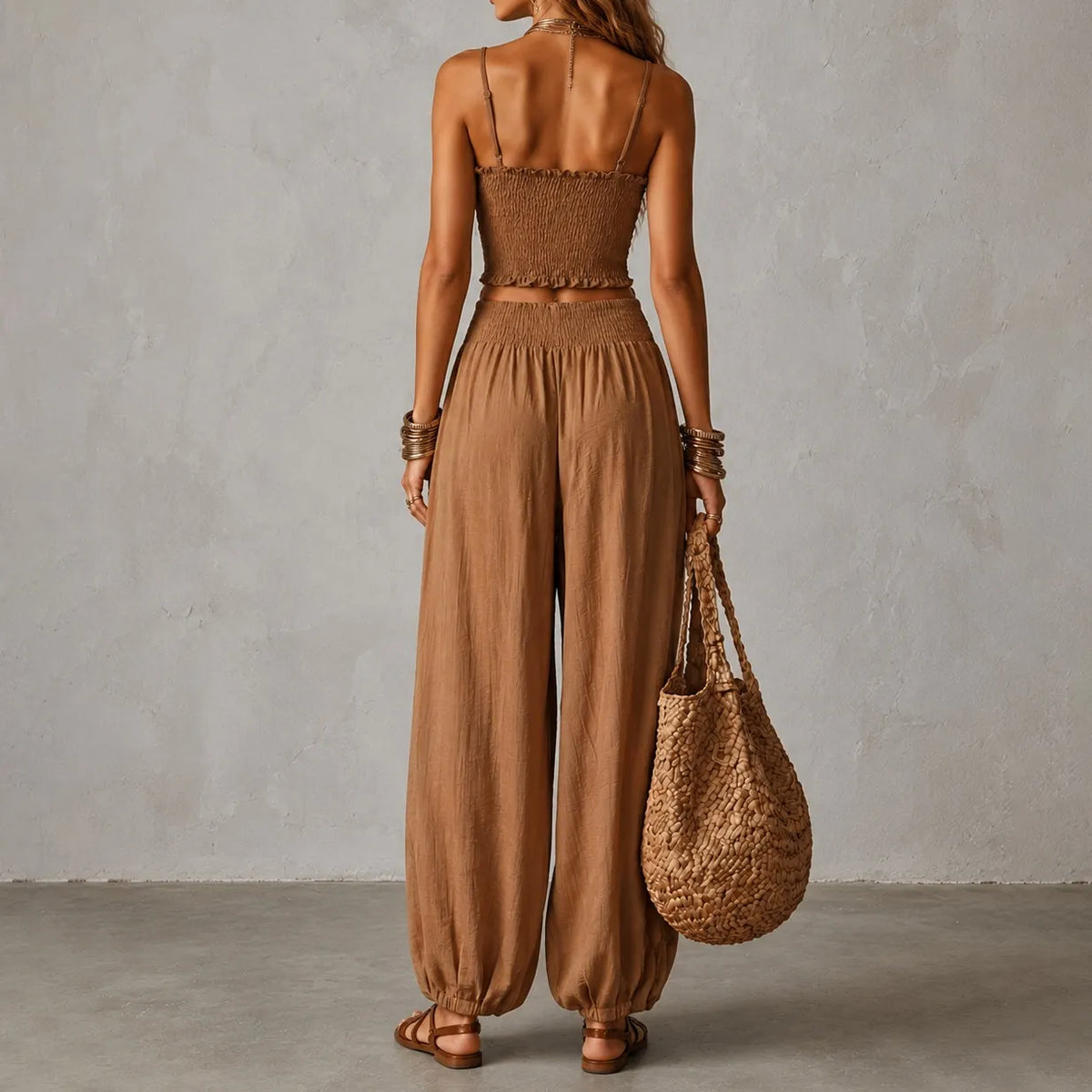 Cardydony Elegance Strapless Cropped Tank Top With Elastic Waistband Lantern Pants Two-piece Set