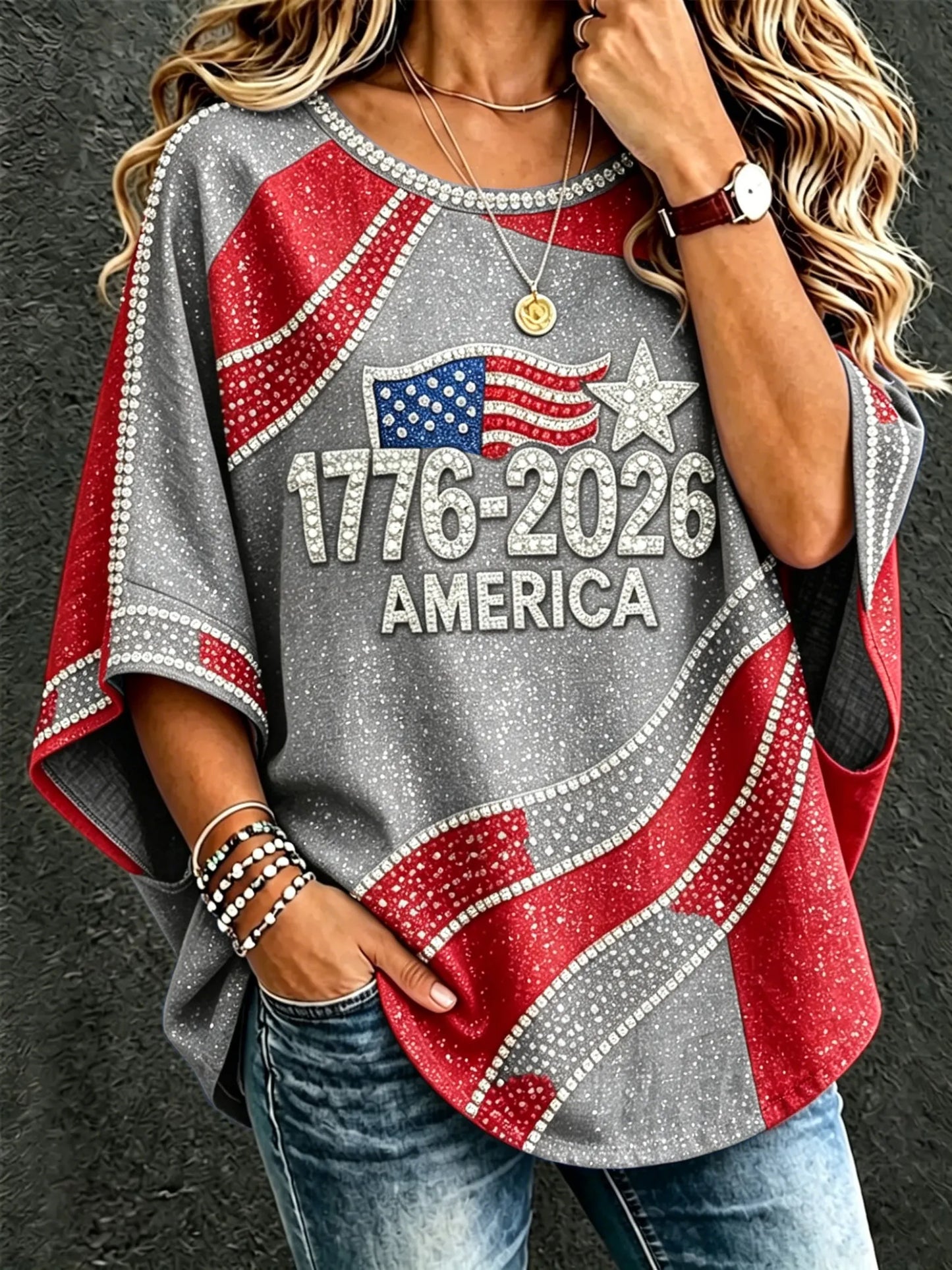 Cardydony Women's Vintage Independent Day Art Print Flowy Linen Blend Three-quarter Sleeve Round Neck Linen Tops