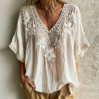 Cardydony Women's Casual Retro Bohemian Style Floral Embroidery Print V-neck Top