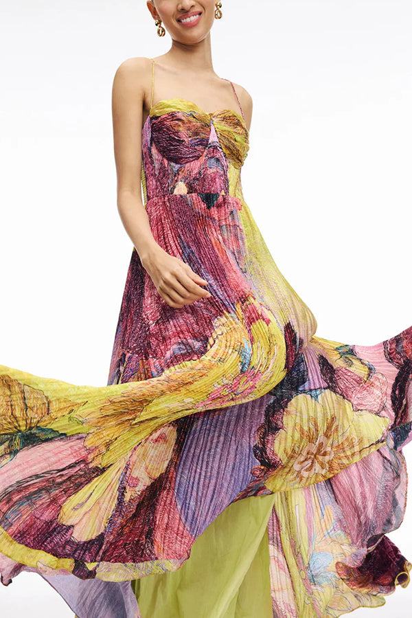 Cardydony Women's Vibrant and Bold Floral Print Sweetheart Neck Pleated Maxi Dress