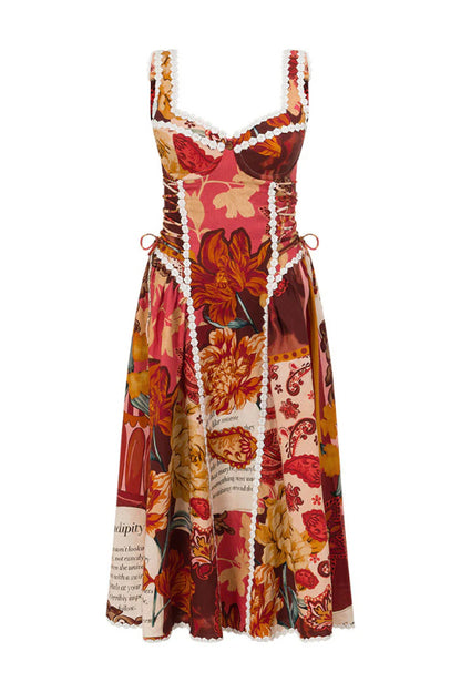 Cardydony Women's  Unique Printed Floral Trim Suspender Side Tie Vacation Midi Dress
