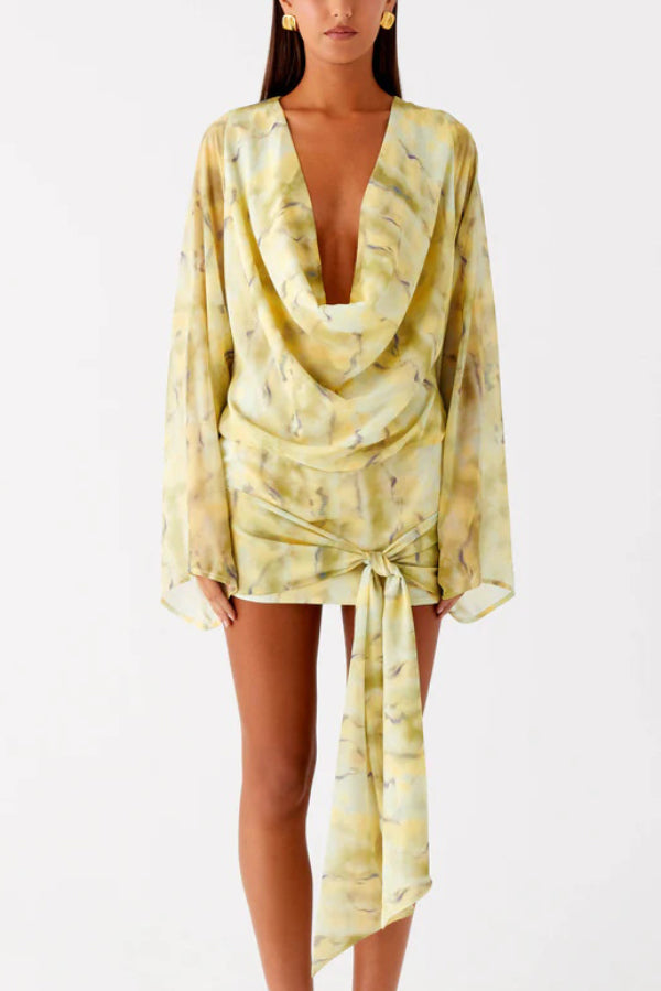 Cardydony Women's Tie-dye Print V-neck Long-sleeved Ribbon Vacation Mini Dress