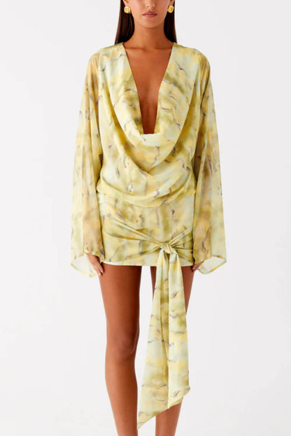 Cardydony Women's Tie-dye Print V-neck Long-sleeved Ribbon Vacation Mini Dress