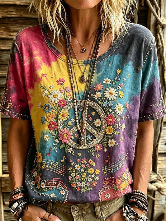 Cardydony Women's Retro Tie-dye Hippie Peace Logo Floral Art Embroidery Casual Cotton Linen T-shirt