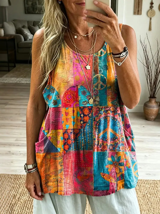 Cardydony Women's Color-blocked Hippie Print Linen Vest
