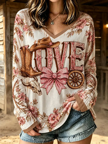 Cardydony Women's Western Country Cowboy Love Bow Tie Plant Floral Short Sleeve Top