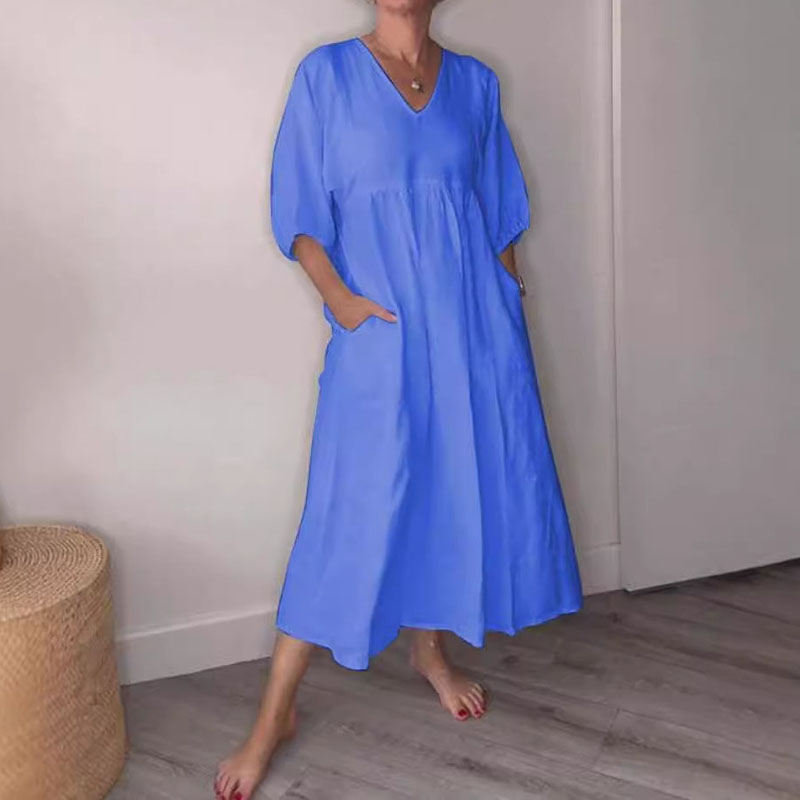 Cardydony Casual Cotton Linen Deep V-neck Pleated Solid Color Pocket Dress