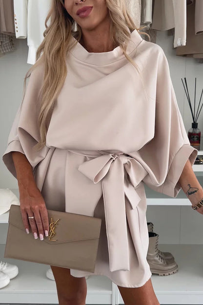 Cardydony Women's Solid Color Loose Round Neck Belted Mini Dress