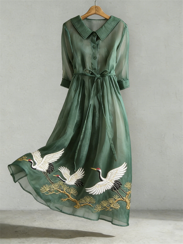 Cardydony Cranes & Pine Trees Japanese Art Flowy Maxi Dress