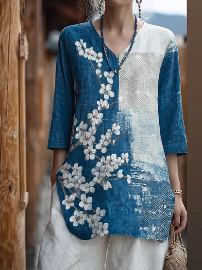 Cardydony Japanese Art Retro Style Cherry Blossom Pattern Women's V-neck Top