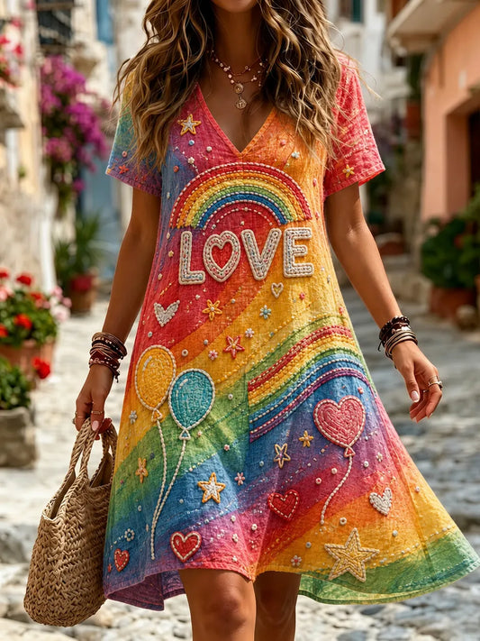 Cardydony Women's Retro Hippie Rainbow Love Art V-neck Short Sleeve Midi Dress