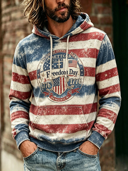 Cardydony Vintage Freedom Day Hoodie For Men - Distressed American Flag 1776 Graphic Sweatshirt