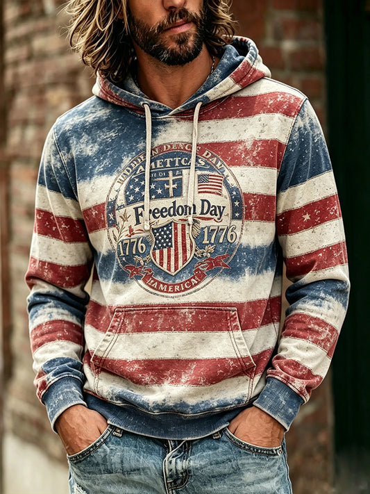 Cardydony Vintage Freedom Day Hoodie For Men - Distressed American Flag 1776 Graphic Sweatshirt