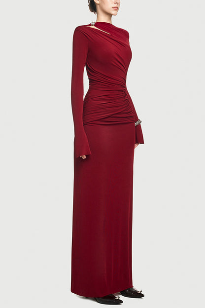 Cardydony Women's Stylish Long-sleeved Slim-fit Pleated Elegant Maxi Dress