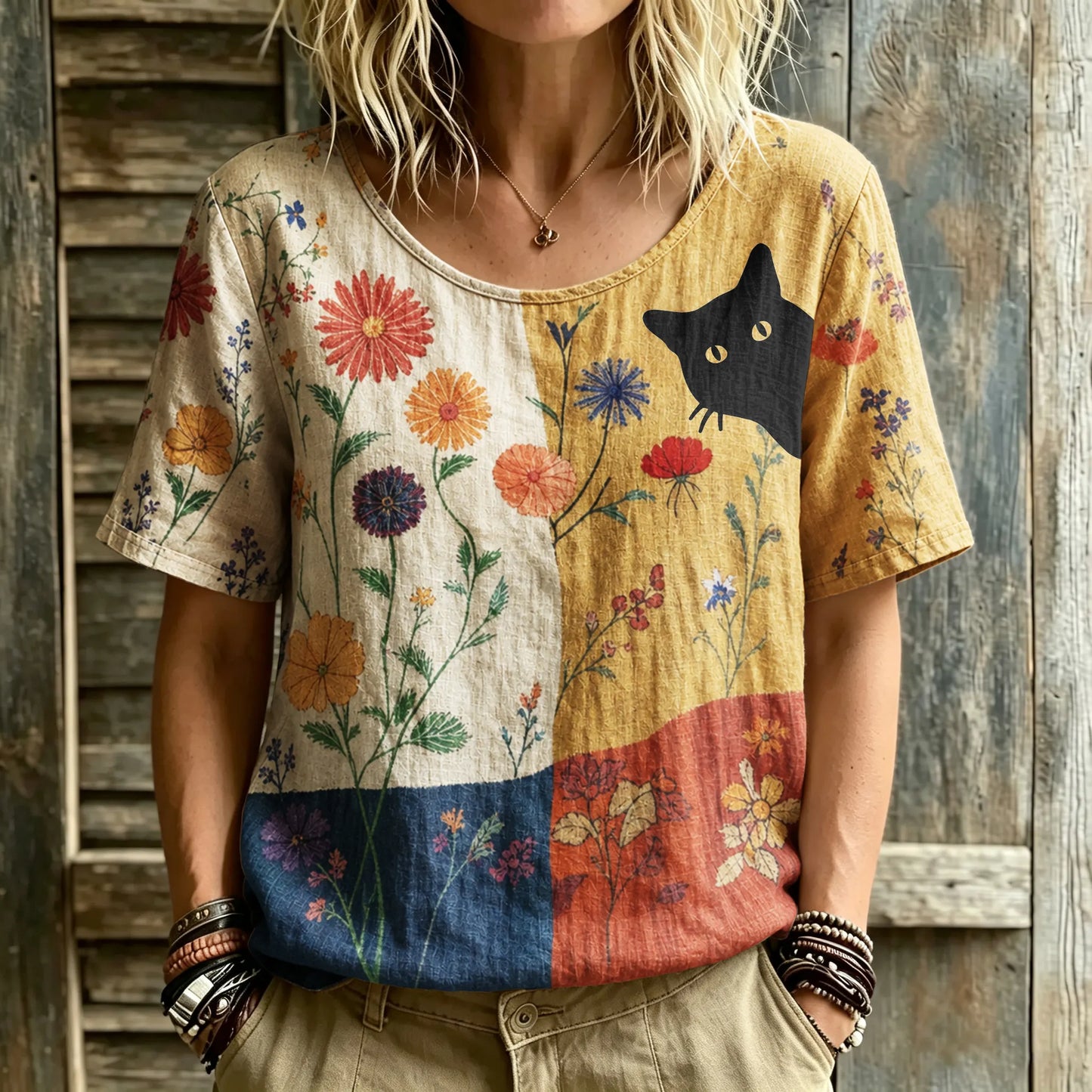 Cardydony Women's Hippie Black Cat Art Print Linen Blend Round Neck Tshirt