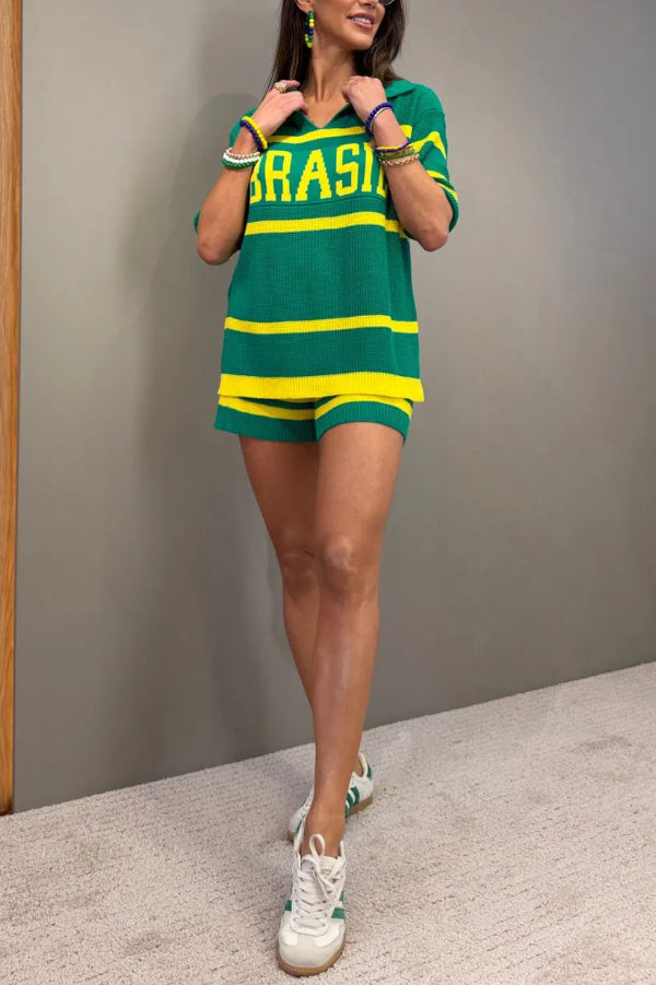 Cardydony Women's  World Cup-themed Jacquard V-neck Short-sleeved Loose-fitting Top and Casual Stretch Shorts Knit Set