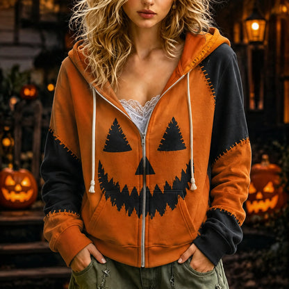 Cardydony Women's Retro Halloween With Spooky Face Pattern Print Zipper Hoodie