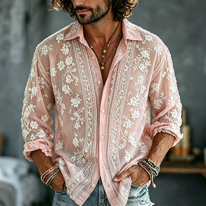 Cardydony Men's Summer Floral Embroidered Art Print Flowy Linen Blend Shirt