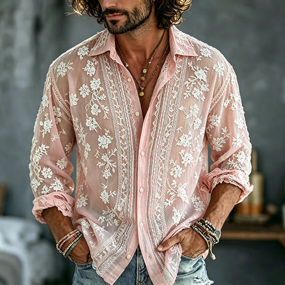 Cardydony Men's Summer Floral Embroidered Art Print Flowy Linen Blend Shirt
