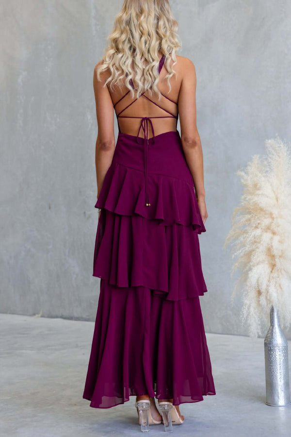 Cardydony Women's Solid Color V-neck Sleeveless Elegant Layered Maxi Dress