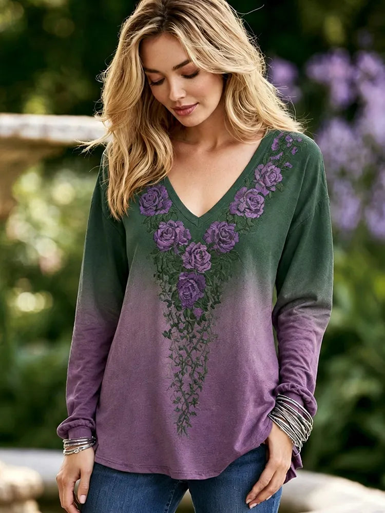 Cardydony Women's Retro Purple Rose And Celtic Knot Pattern Casual Long-sleeve T-shirt