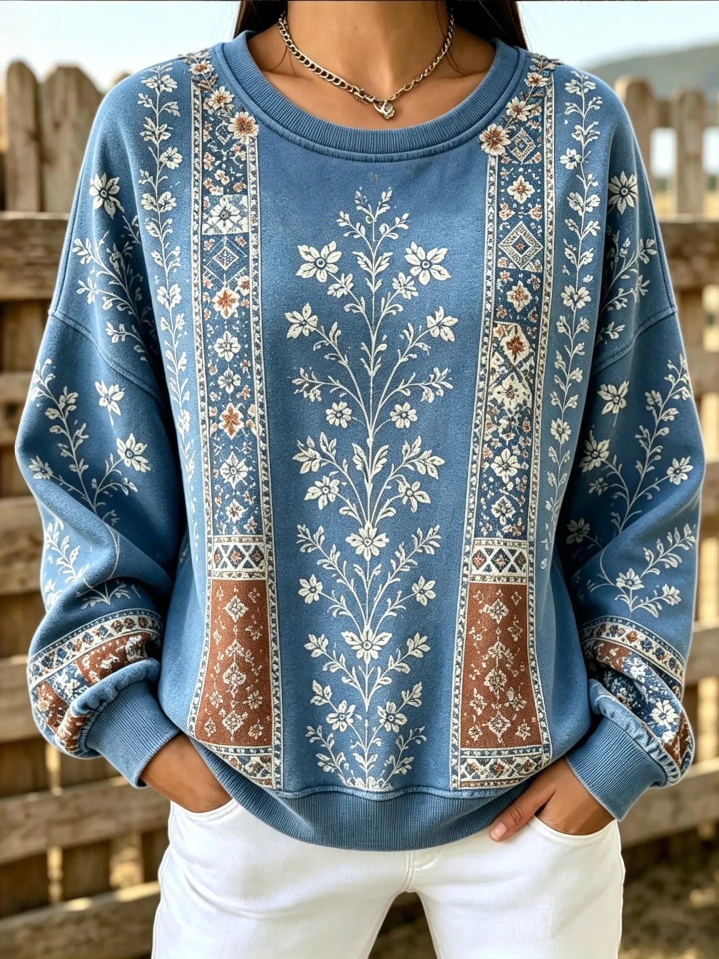 Cardydony Women's Retro Floral Print Casual Crew Neck Sweatshirt