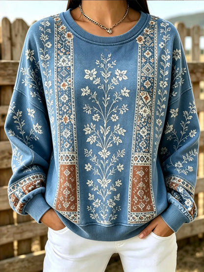 Cardydony Women's Retro Floral Print Casual Crew Neck Sweatshirt