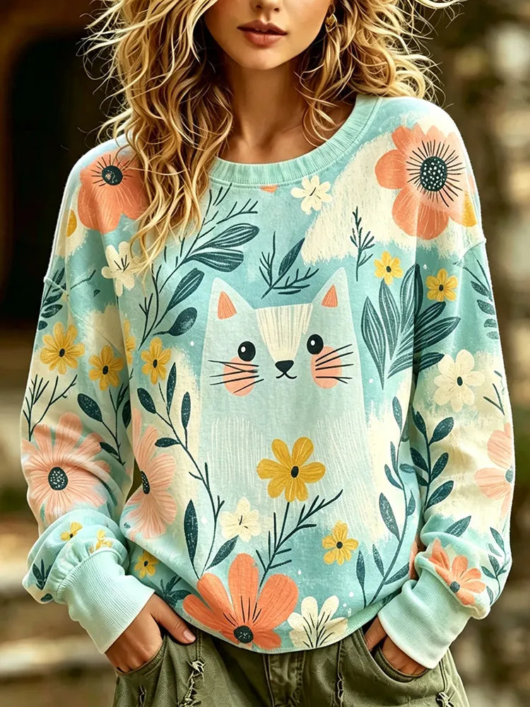 Cardydony Women's Cat & Floral Print Sweatshirt - Cute Animal Graphic Long Sleeve Crewneck Pullover