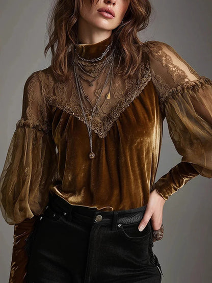 Cardydony Mesh Splicing Black Lace Hollow Lace Top