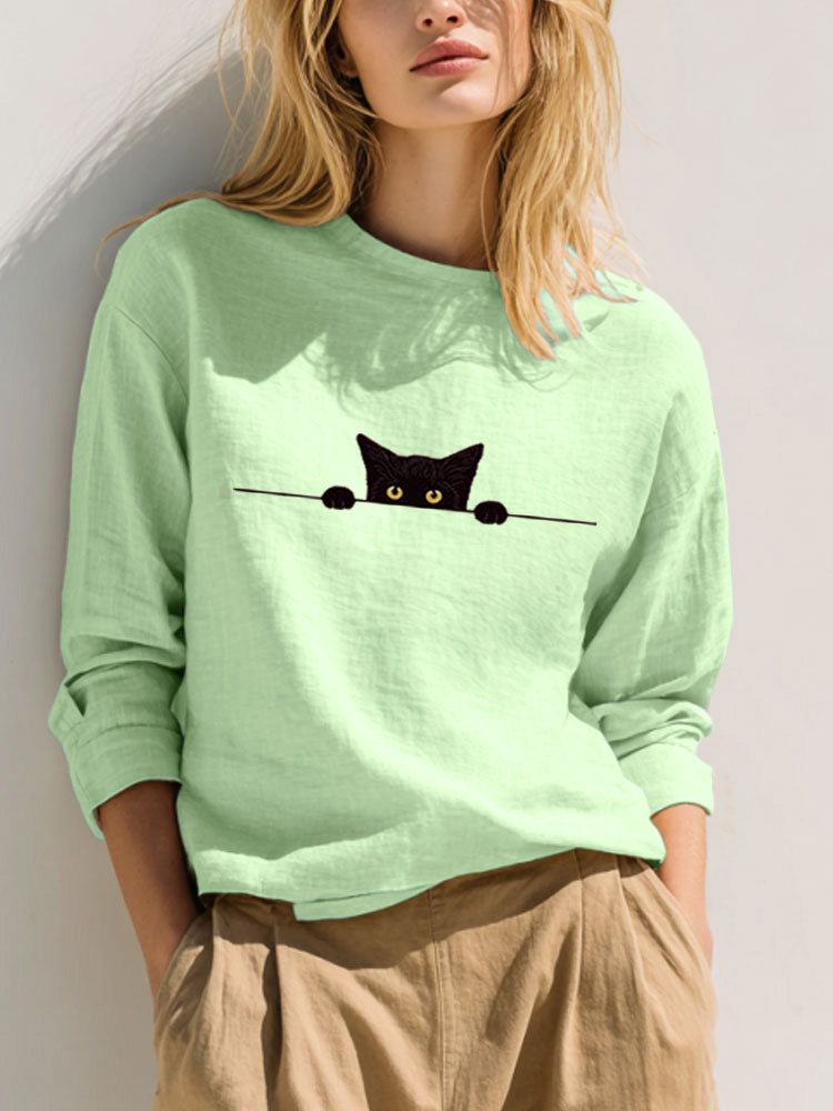 Cardydony Women's Casual Funny Black Cat Print T-shirt