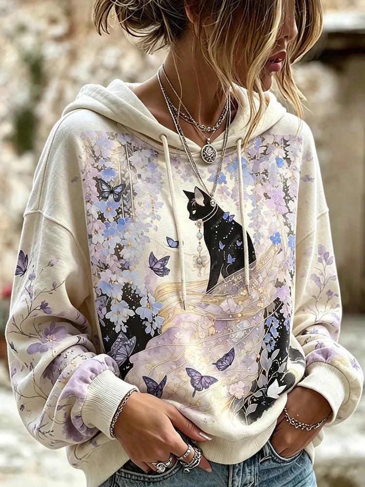 Cardydony Women's Mysterious Black Cat Purple Floral Butterfly Print Bohemian Style Loose Casual Pullover Sweatshirt