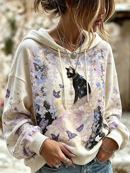 Cardydony Women's Mysterious Black Cat Purple Floral Butterfly Print Bohemian Style Loose Casual Pullover Sweatshirt