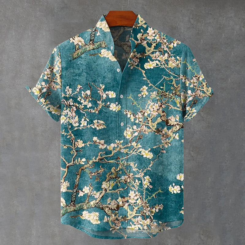 Cardydony Vintage White Art Florets Print Casual Cotton Shirt
