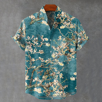 Cardydony Vintage White Art Florets Print Casual Cotton Shirt