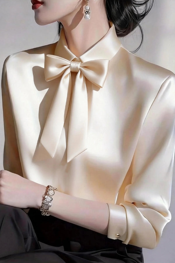 Cardydony Women's  Solid Color Lapel Bow Tie Long-sleeved Casual Shirt