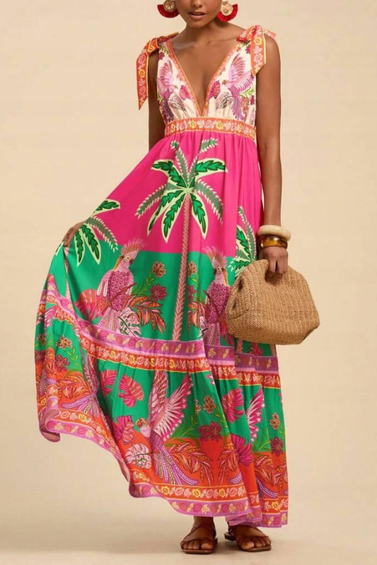 Cardydony Women's  Tropical Rainforest Print Loose V-neck Casual Vacation Maxi Dress
