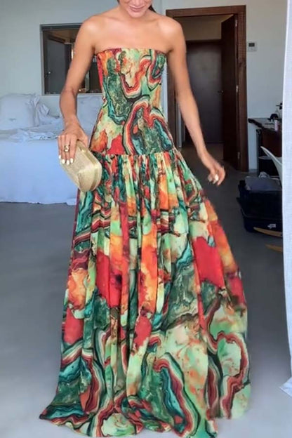 Cardydony Women's Vacay Vibes Colorful Lava Print Off Shoulder Smocked Scarf Maxi Dress