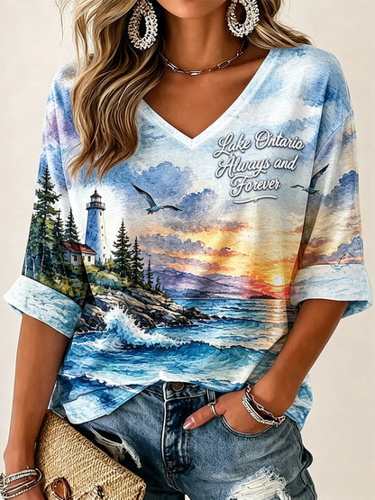 Cardydony Women's Lake Ontario Always And Forever Printed Mid-length Sleeves V-neck T-shirt