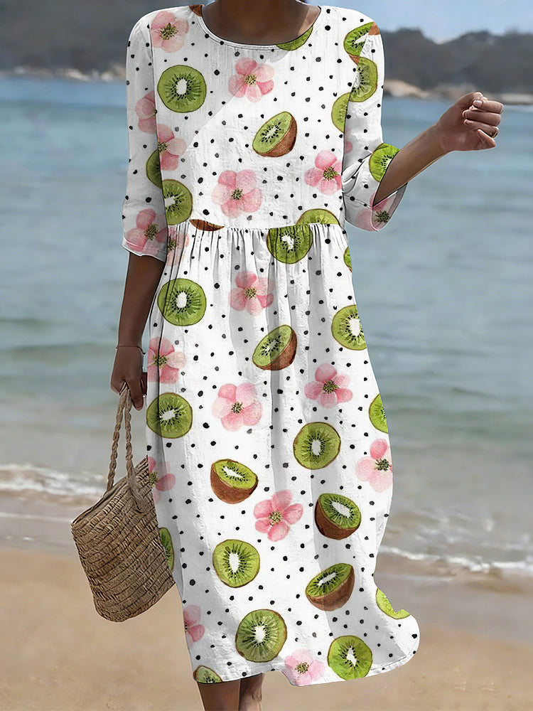Cardydony Kiwis & Flowers Art Pattern Cozy Linen Midi Dress