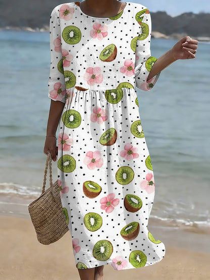 Cardydony Kiwis & Flowers Art Pattern Cozy Linen Midi Dress