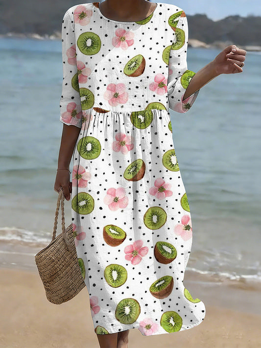 Cardydony Kiwis & Flowers Art Pattern Cozy Linen Midi Dress